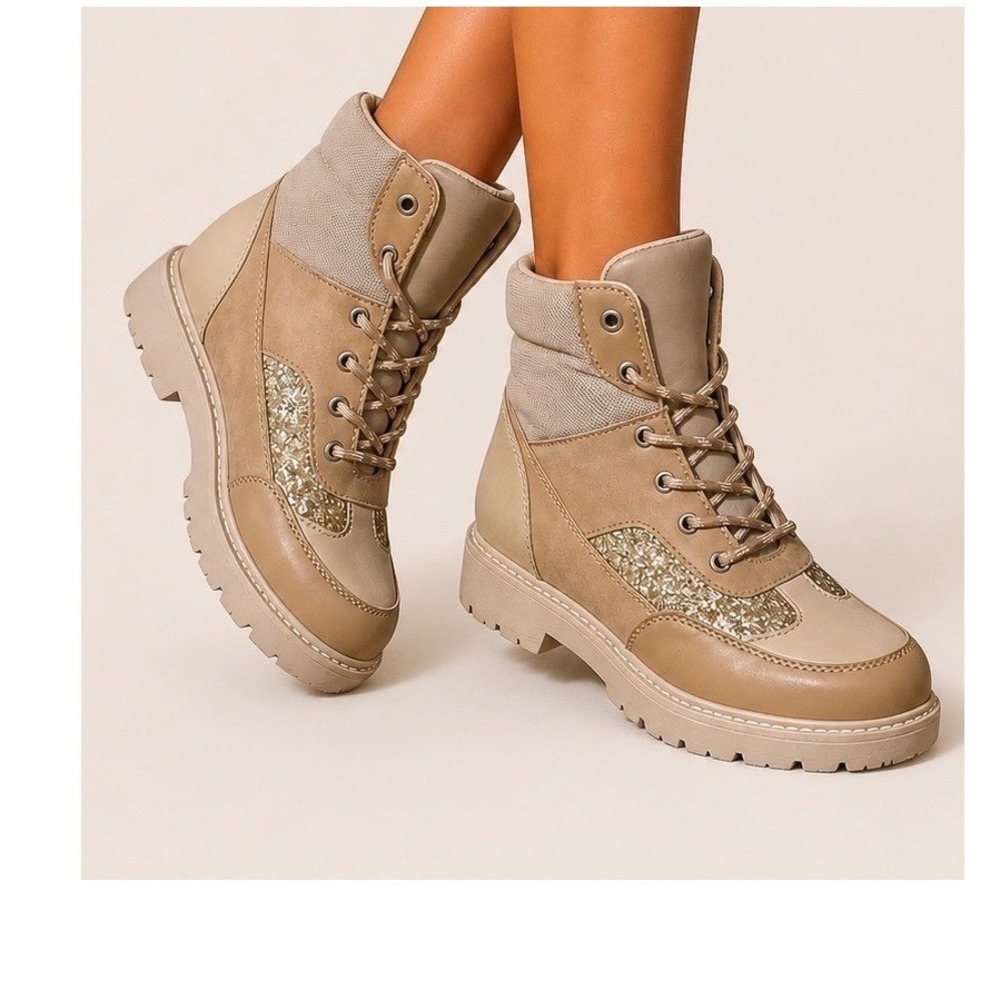 Dolce Vita Women Tan Glitter Combat Lug Sole Ankle Boot Size 10 Lace Up Side Zip